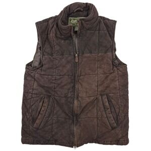 Eddie Bauer Mens Medium Brown Quilted Genuine Leather Puffer Vest Full Zip